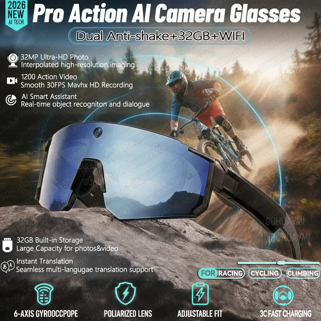 AIGLASSZ Vision V25 – 8MP AI Camera Cycling Goggles, HD Anti-Shake Windproof Glasses