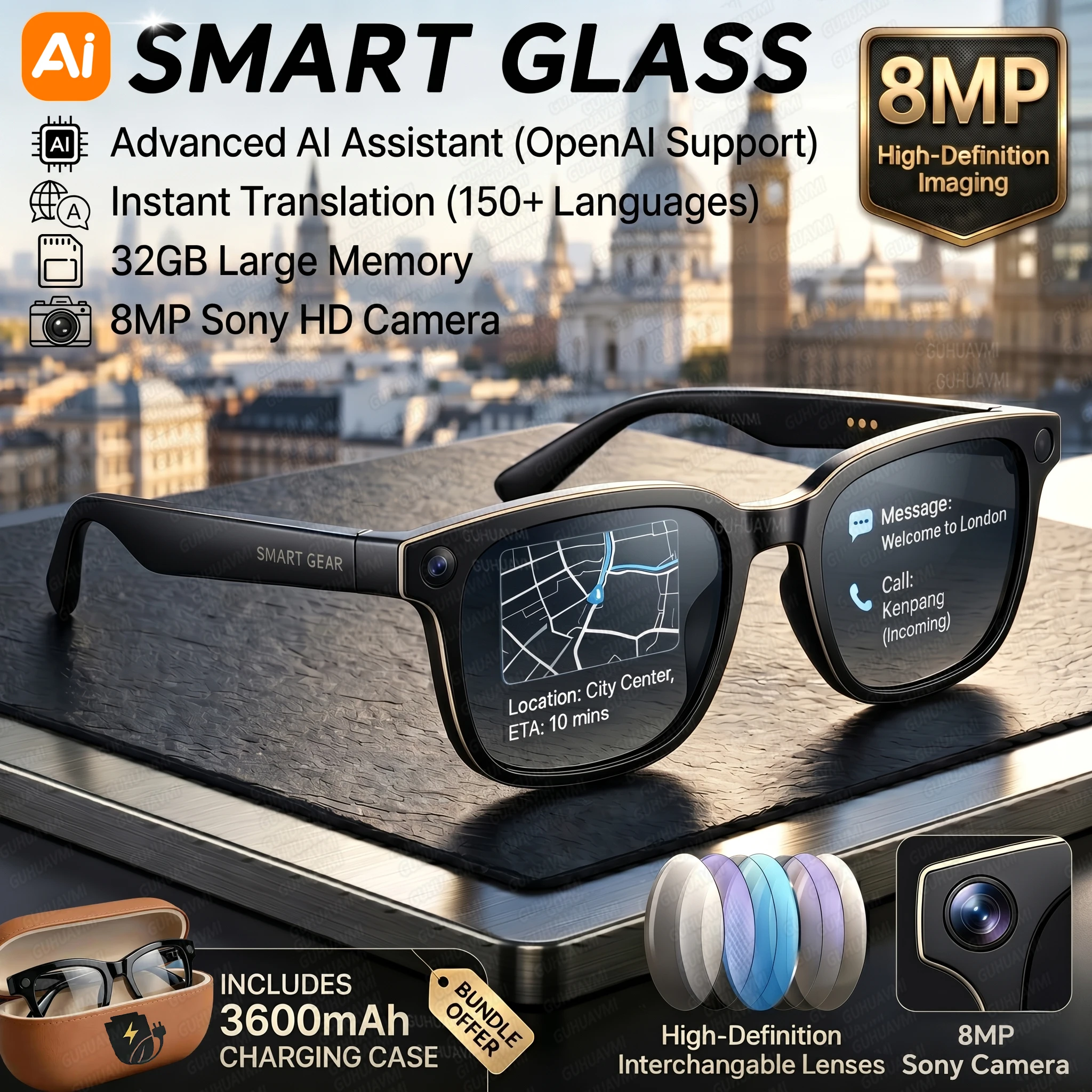 AIGLASSZ Vision V80 – 8MP 4K AI Smart Sunglasses, 3600mAh Case, 32GB & 160+ Languages