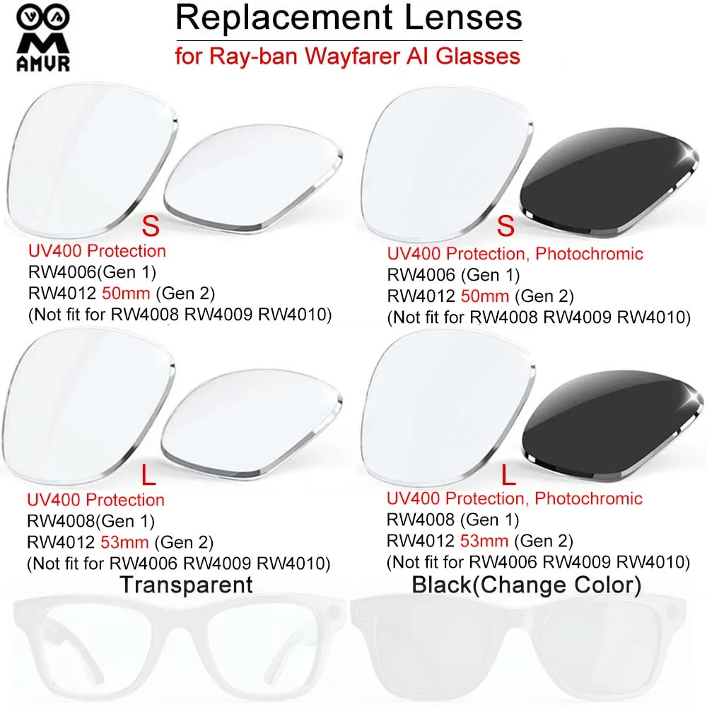 AMVR Lightweight Replacement Lenses for Ray-Ban Meta Wayfarer