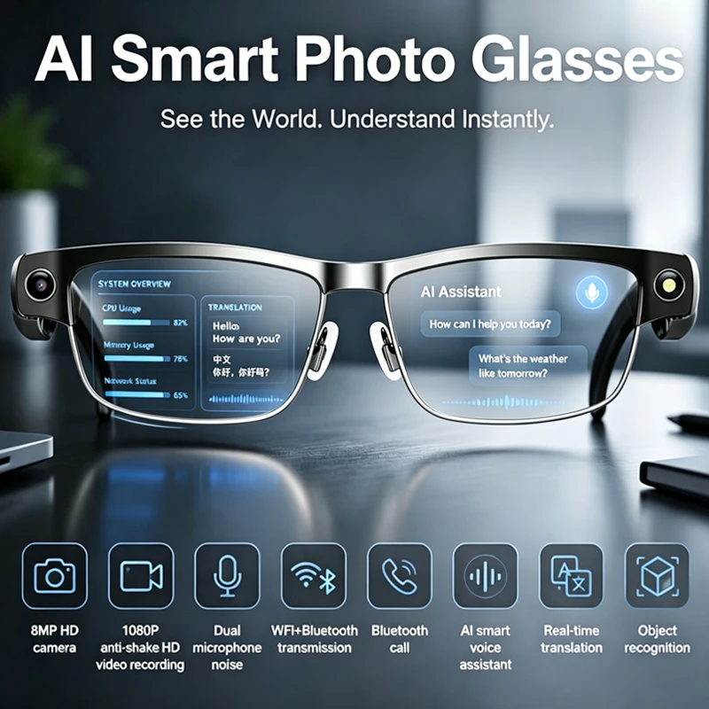 AIGLASSZ Vision V44 – 8MP AI Smart Glasses, 1200P Anti-Shake Video, Translation