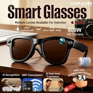AIGLASSZ Vision V82 – 4K 8MP AI Smart Glasses, 3600mAh Case, 120-Language Translation