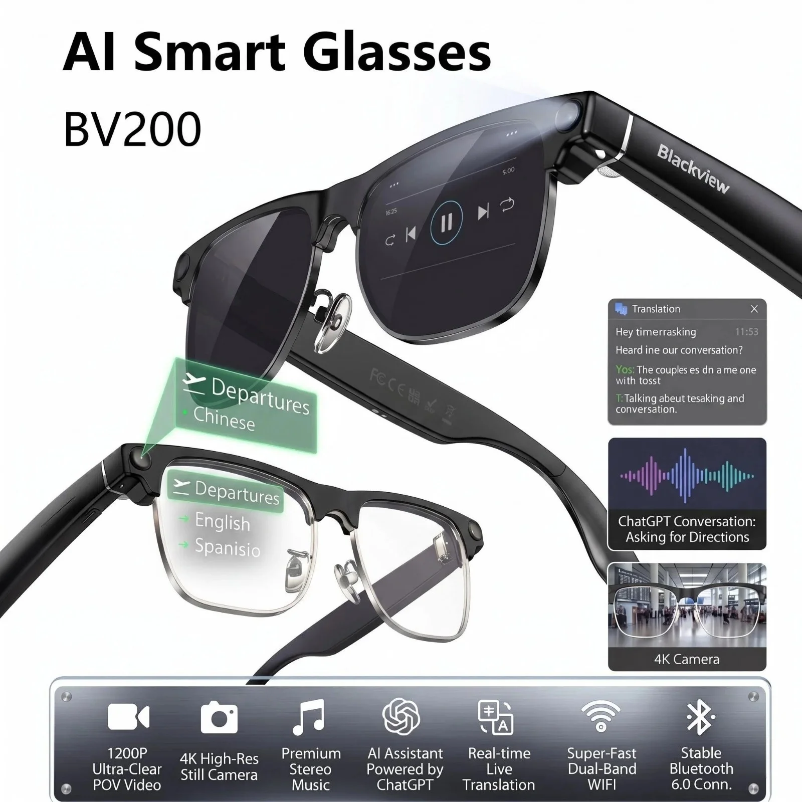 Blackview BV200 AI Smart Glasses – 12MP 4K Camera & Stereo Speakers