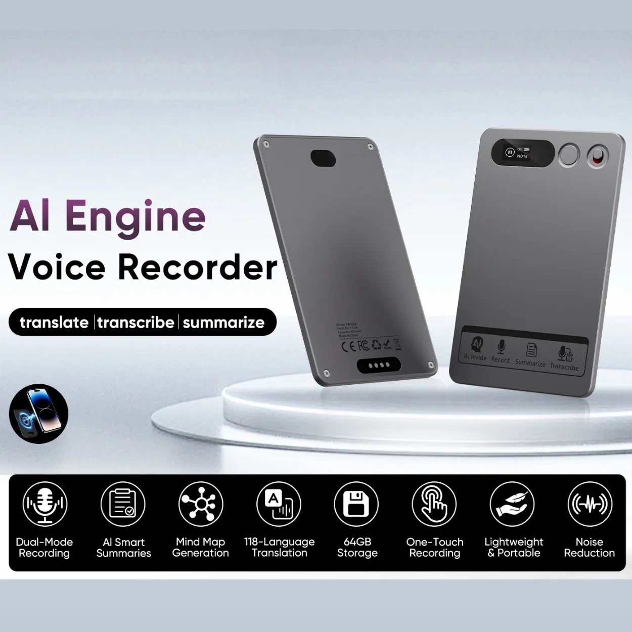 AIGLASSZ Note N16 – Magnetic AI Voice Recorder, 64GB, 118 Languages, App Summaries