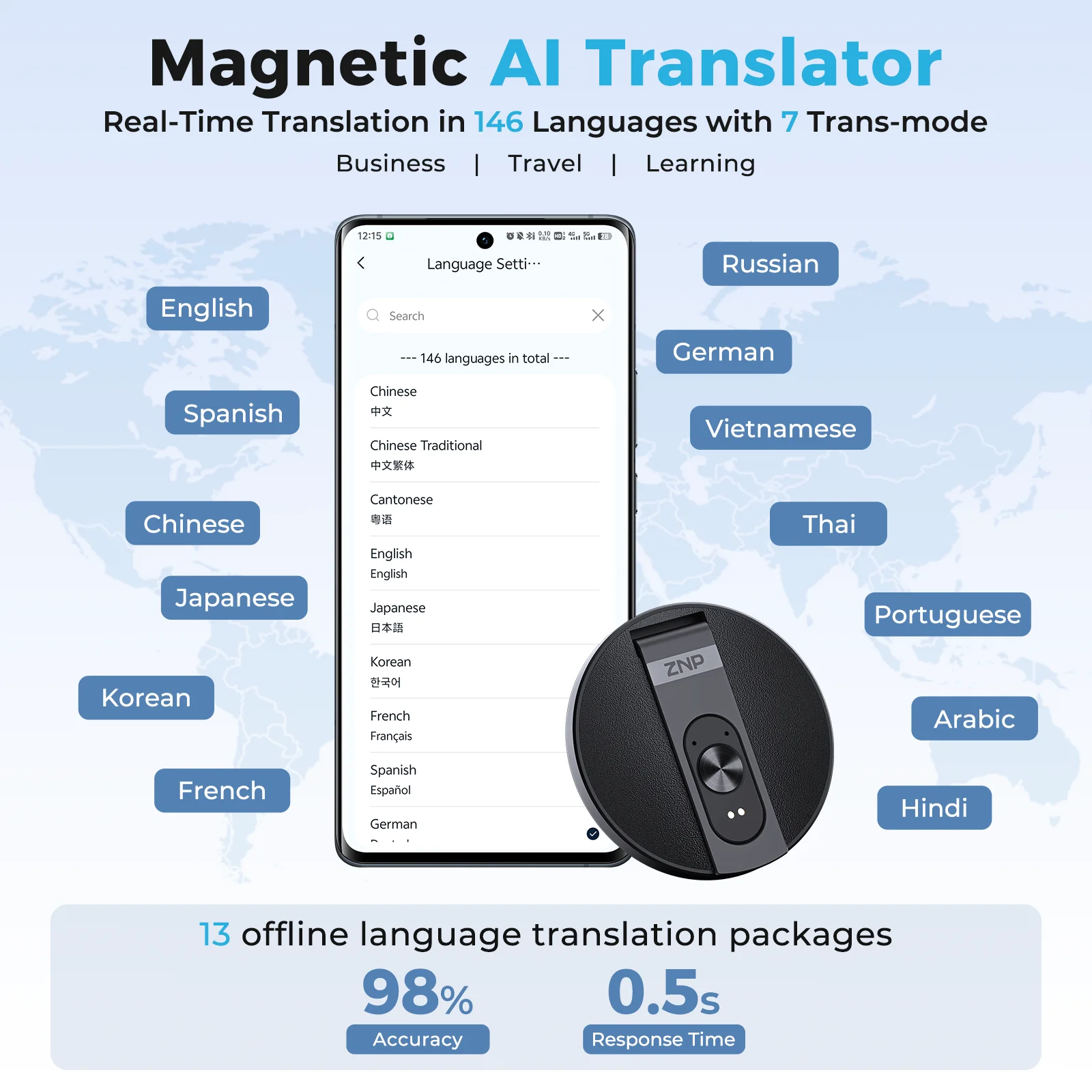 ZNP Magnetic AI Voice Translator – 150+ Languages, Offline Mode - Image 6