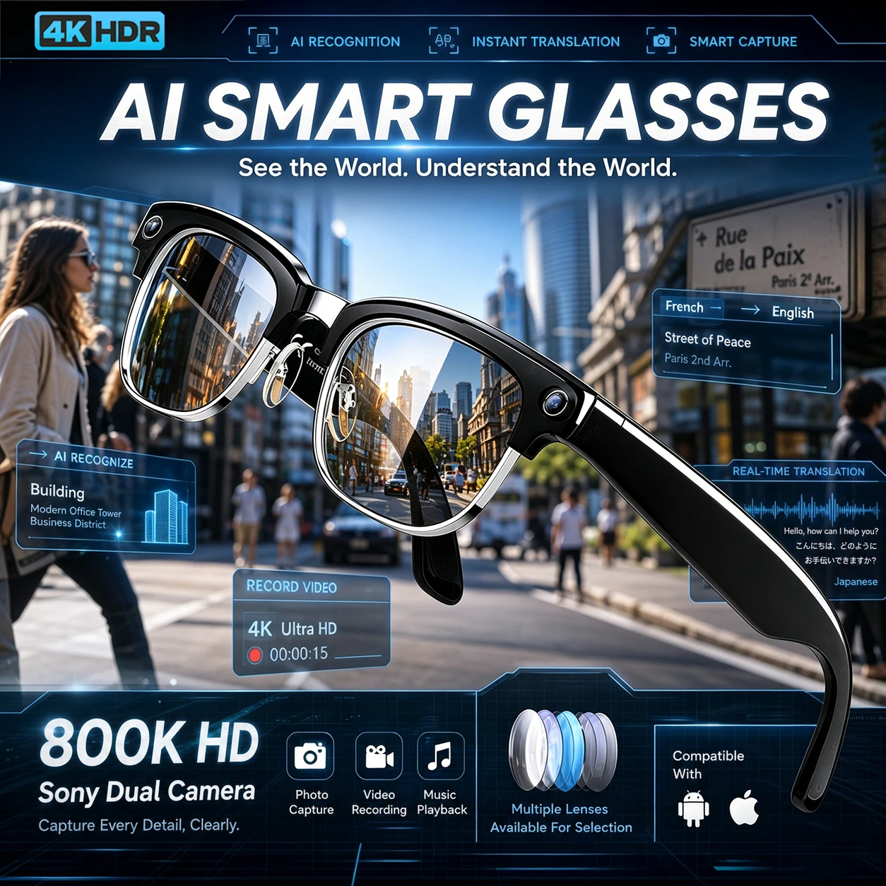 AIGLASSZ Vision V52 – Sunglasses, 8MP 4K Camera, Calls & Music (3 Lens Options)