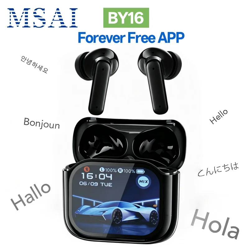 BY16 AI Translator Earbuds – 144 Languages, LCD Touch Screen
