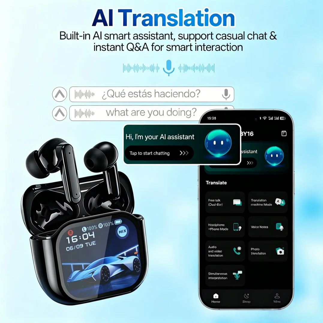 BY16 AI Translator Earbuds – 144 Languages, LCD Touch Screen - Image 2