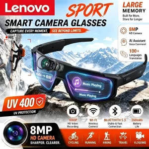 Lenovo ChatGPT Sport Sunglasses – 8MP Anti-Shake Camera, 64GB Windproof
