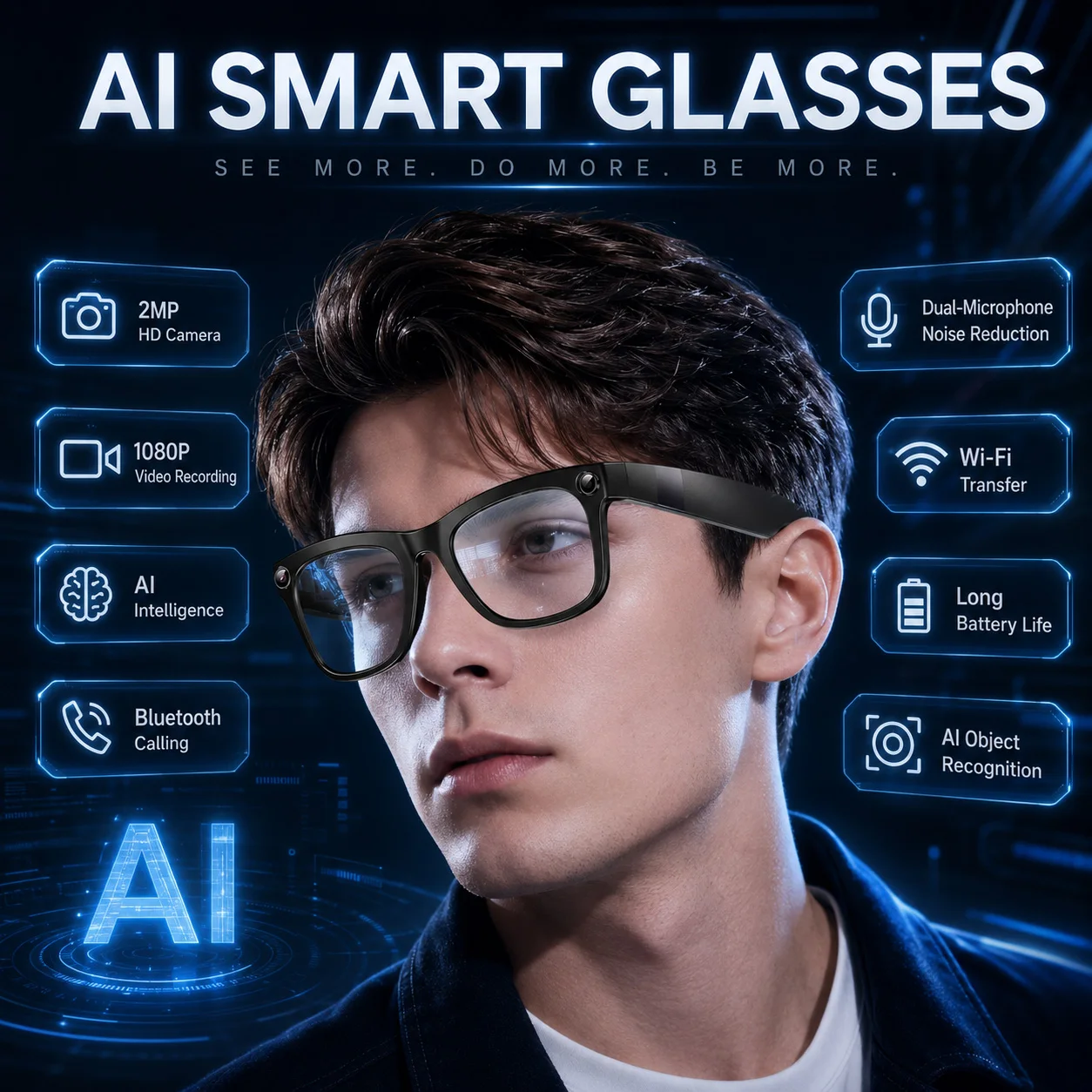 AIGLASSZ Vision V62 – AI Translation Smart Glasses, 2MP Camera, Wi-Fi Photo & Video - Image 2