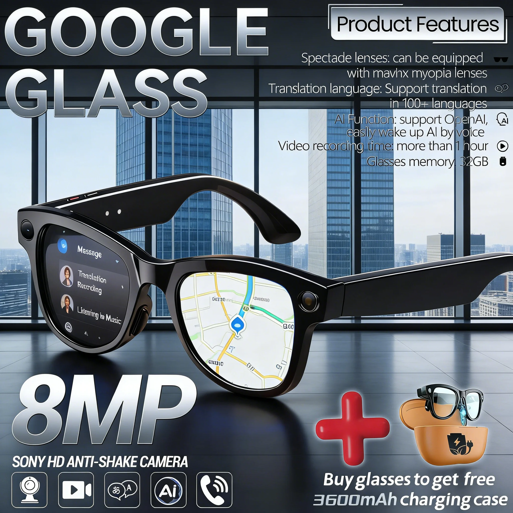 AIGLASSZ Vision V81 – 8MP Anti-Shake Smart Glasses with 3600mAh Case, 120+ Languages