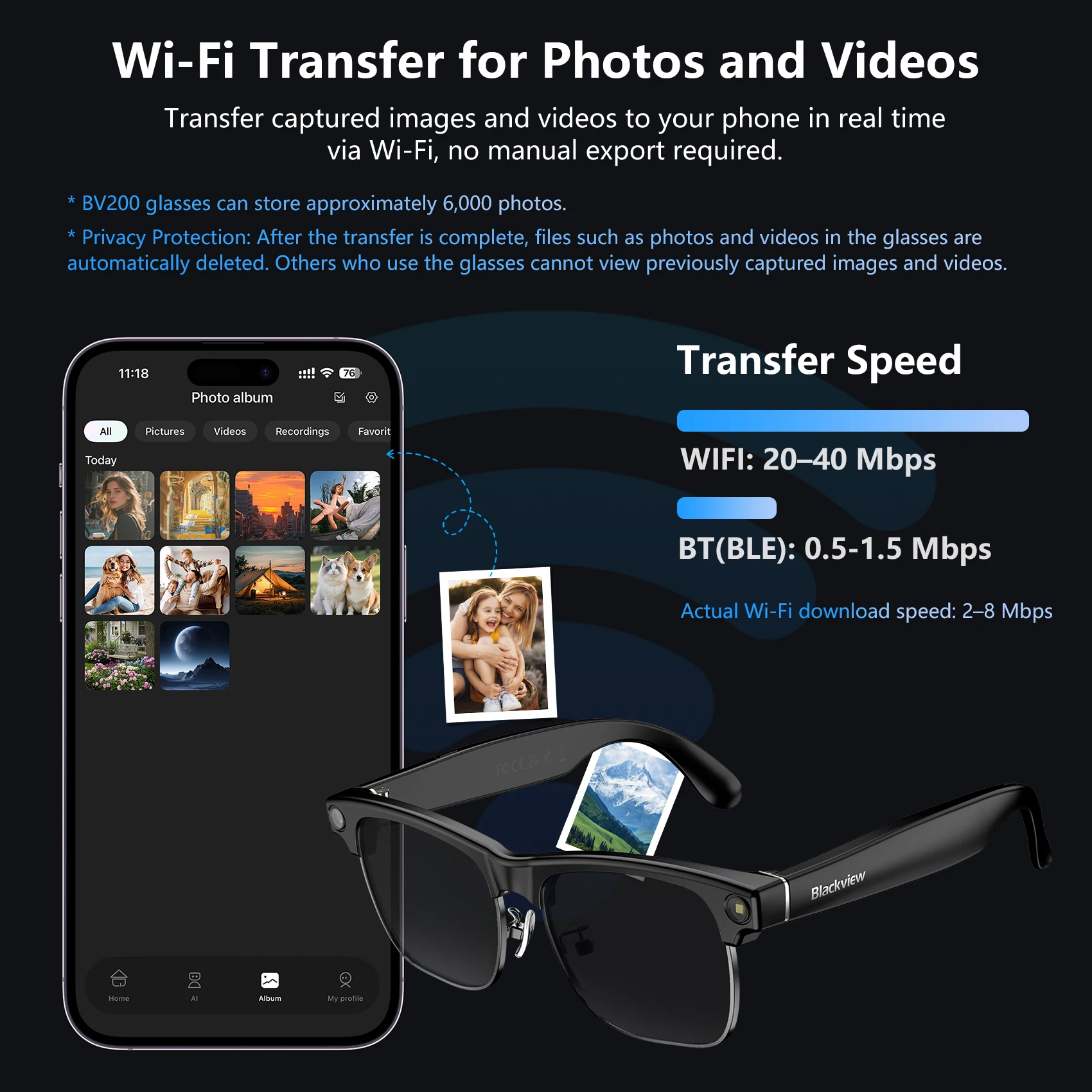 Blackview BV200 AI Smart Glasses – 12MP 4K Camera & Stereo Speakers - Image 3