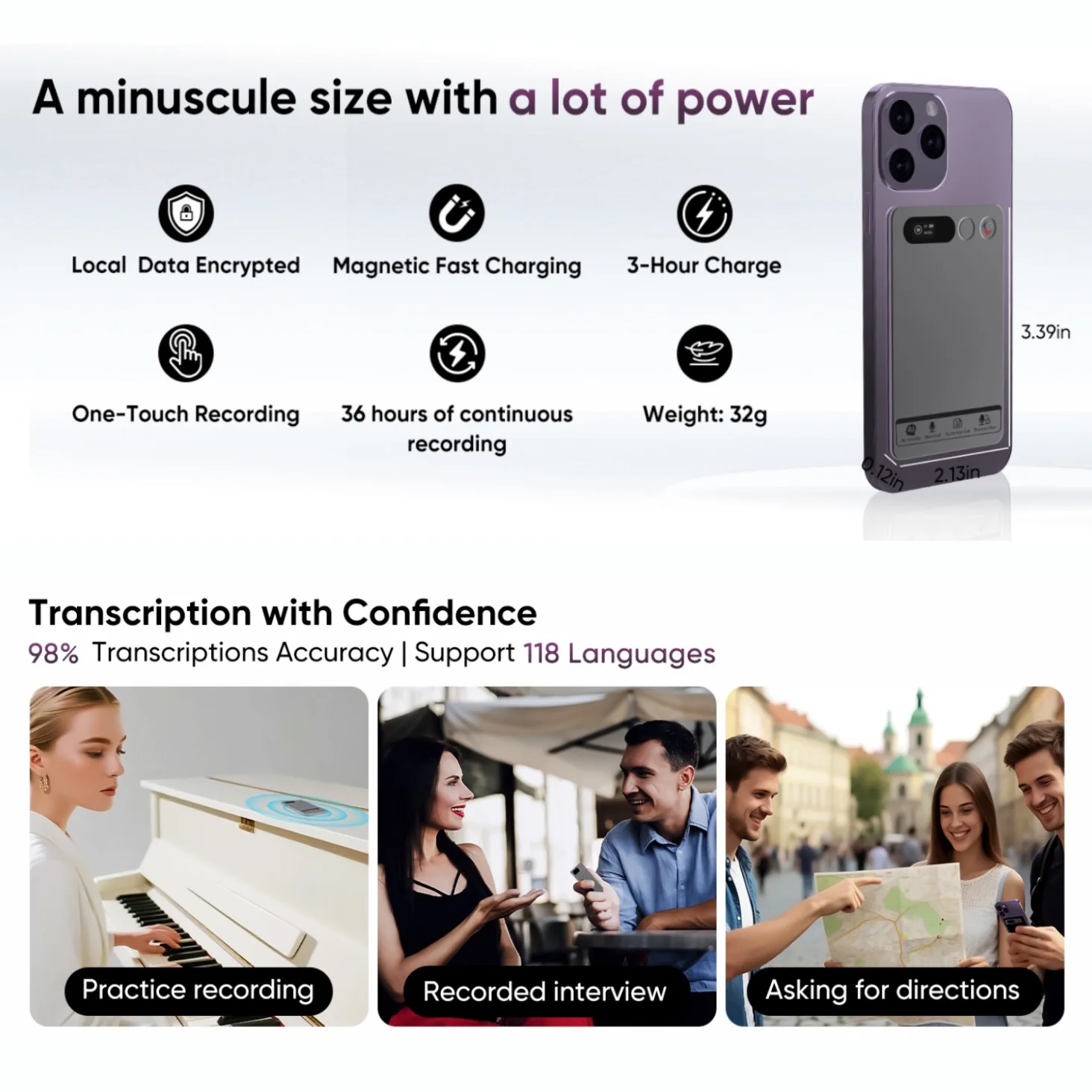 AIGLASSZ Note N16 – Magnetic AI Voice Recorder, 64GB, 118 Languages, App Summaries - Image 3