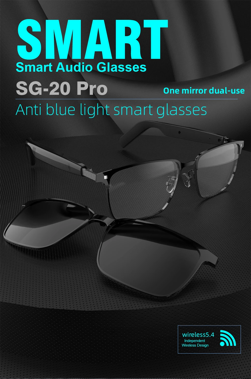 SG-20 Pro 2-in-1 Bluetooth Audio Glasses – Convertible Sun & Clear Lenses - Image 3