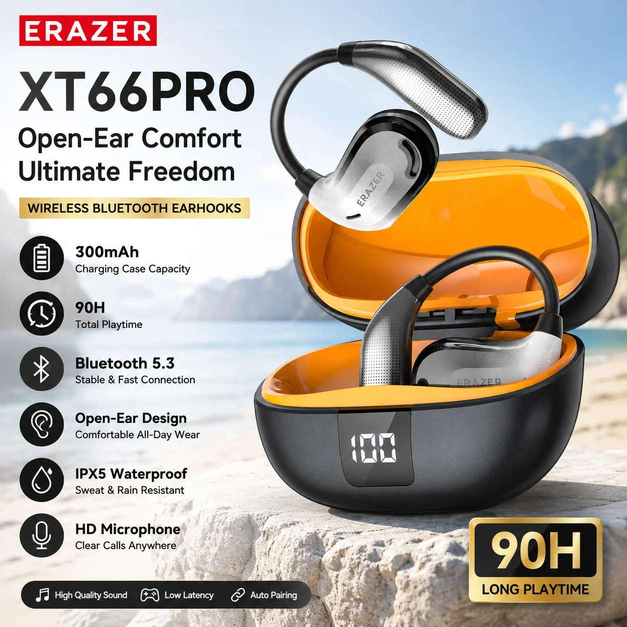 Erazer XT66 Pro AI Translator Earbuds – 13-Hour Battery, LED Display