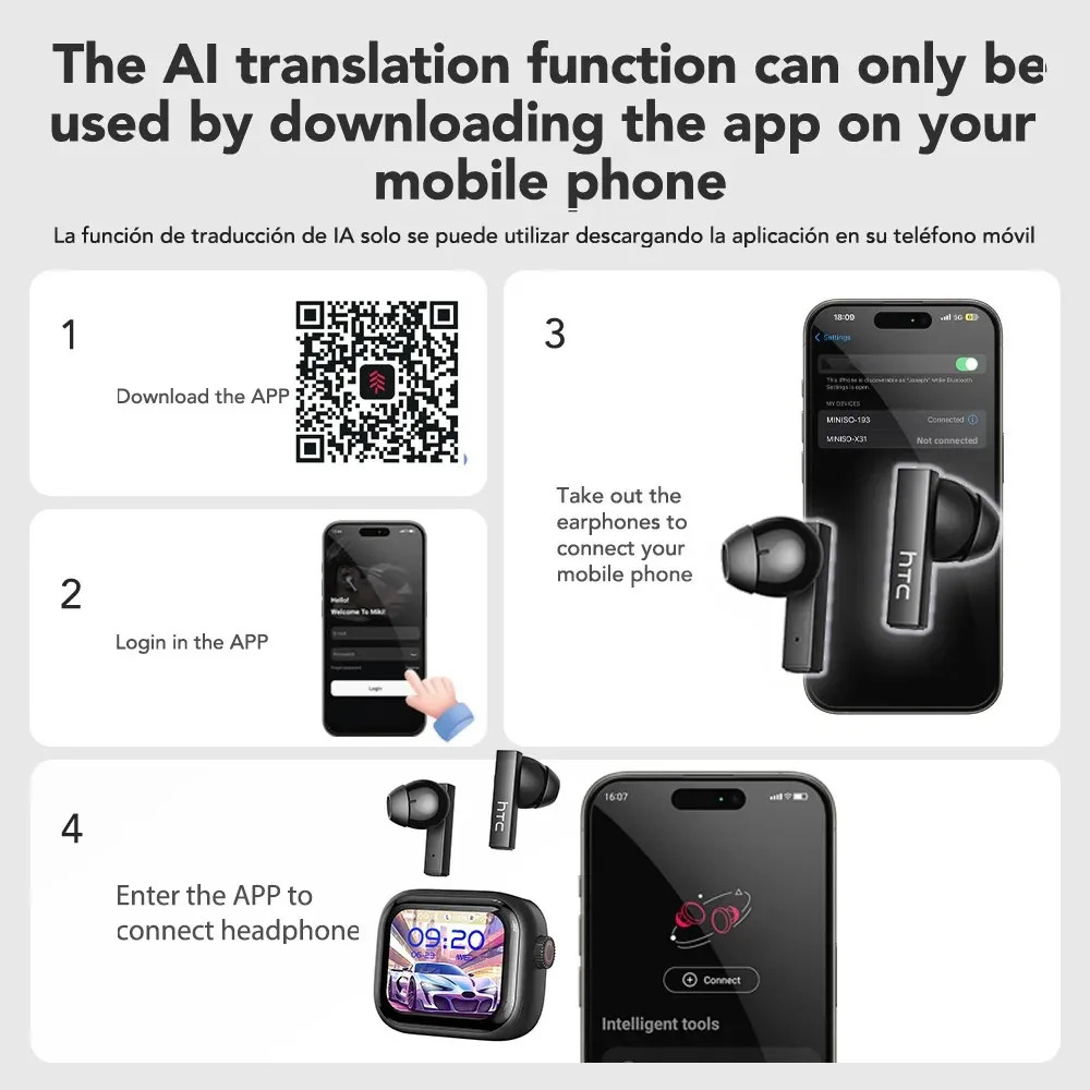 HTC NE40 Bluetooth 6.0 TWS Earbuds – AI Translator, Ultra HD Screen - Image 6